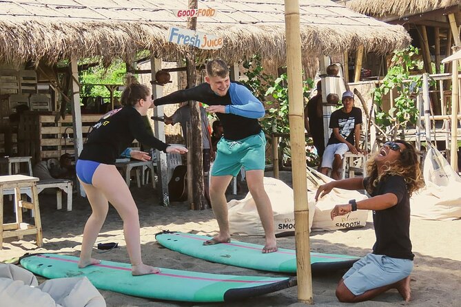 The funniest private 2 hour surf lesson, Canggu - Beach practice first: why it makes the 2 hours feel longer